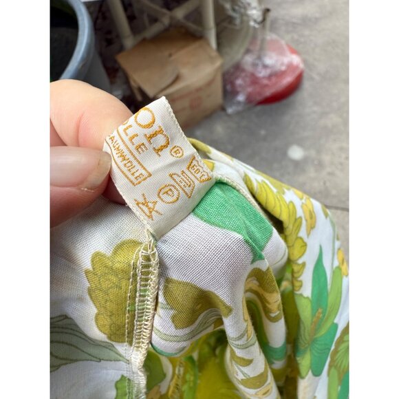 70s Dagger Collar Flower Power Shirt Green Yellow Sheer Floral Volup Custom Made - Picture 10 of 10